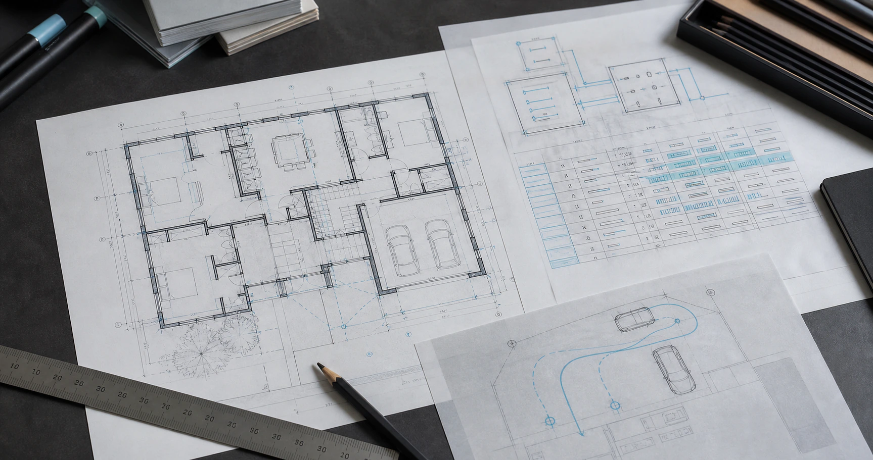 Residential electrical planning drawings and EV routing sketch on a drafting table